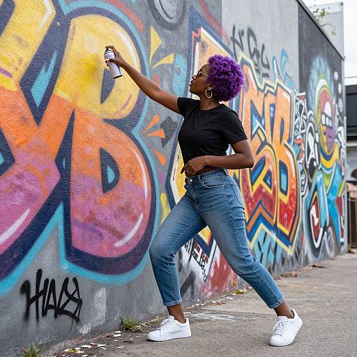 Photograph of a Black woman with purple curly hair, wearing a black t-shirt and blue jeans, spray-painting vibrant graffiti on a colorful, urban