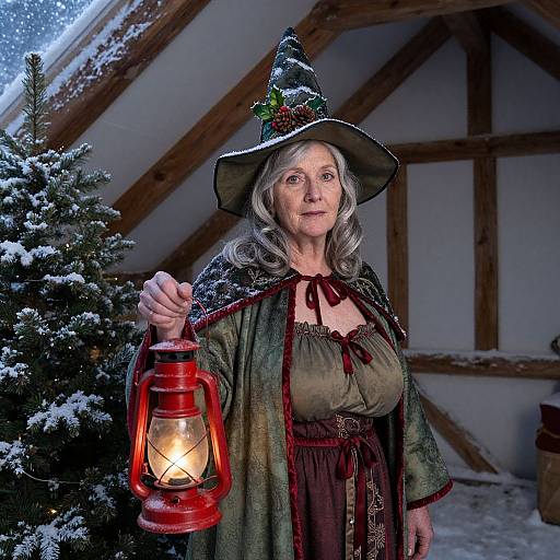 Photograph of an older white woman with gray hair, wearing a green witch hat and cloak, holding a red lantern, in a snowy wooden attic.