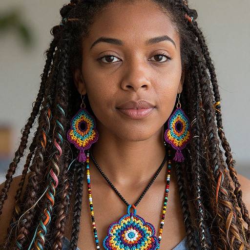 Photograph of a Black woman with long, braided hair, wearing colorful, beaded earrings and necklace, standing against a blurred background.