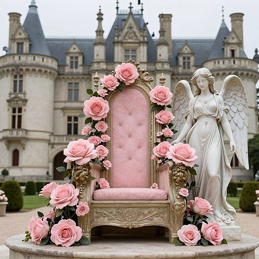 Photograph of a pink-rose-adorned gold throne with angel statue, set in front of a grand, medieval castle.