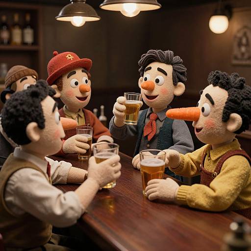 Photograph of five smiling, cartoonish, clay-like men with orange noses, drinking beer at a dimly lit wooden bar, wearing vintage clothes and