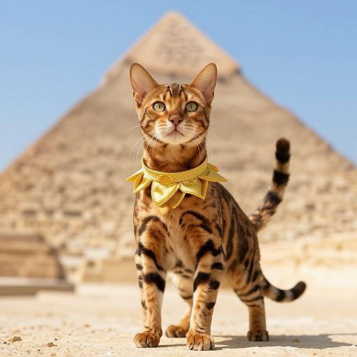 Photograph of a Bengal cat with yellow bandana, standing in front of a pyramidal structure in a sandy desert. Blue sky above. Cat