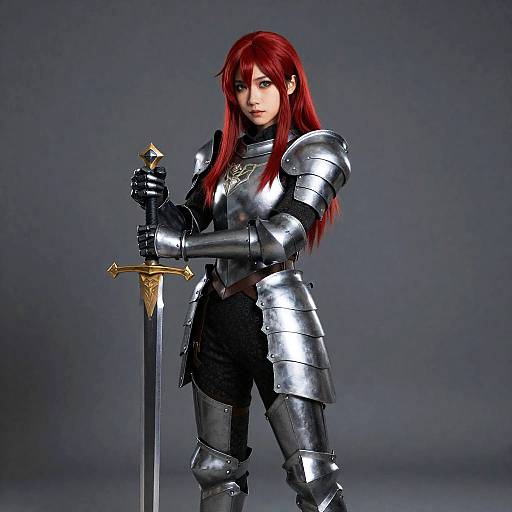 Woman in Silver Armor with Red Hair Holding Sword