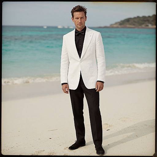 Photograph of a man with short brown hair, wearing a white blazer, black shirt, and black pants, standing on a sandy beach with turquoise
