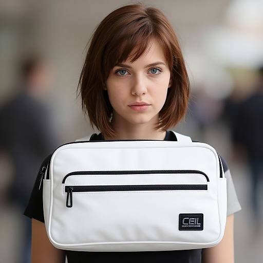 Photograph of a young woman with short brown hair, blue eyes, wearing a black and white backpack, standing in a blurred urban background.