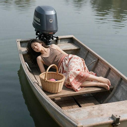 Serene Woman in a Weathered Boat