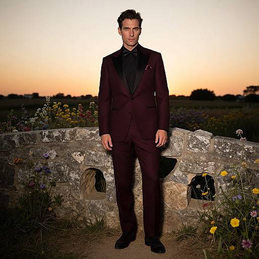 Photograph of a handsome man in a dark maroon suit, standing against a stone wall at sunset, surrounded by wildflowers.