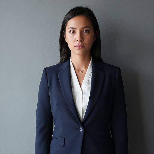 Photograph of a serious-looking young woman with long black hair, wearing a navy blazer over a white blouse, standing against a plain gray background.