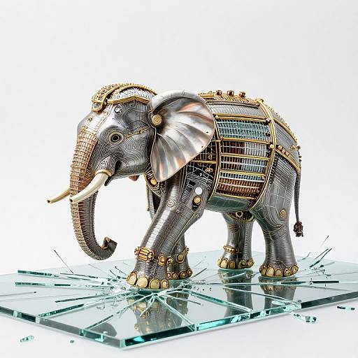 Highly detailed digital artwork of a mechanical elephant with gold accents, intricate wire mesh, and silver ears, standing on cracked ice.