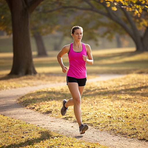 Photograph of a fit woman with light skin, brown hair in a ponytail, wearing a pink tank top and black shorts, running on a sun