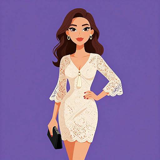 Digital illustration of a confident woman with long brown hair, wearing a white lace dress, holding a black clutch, against a purple background.