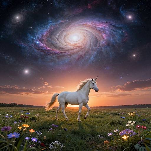 Photograph-style digital artwork of a white unicorn galloping in a colorful meadow at sunset, with a swirling galaxy and stars in the night sky