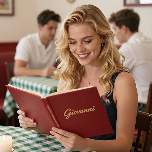 Smiling Blonde Woman in Cozy Diner