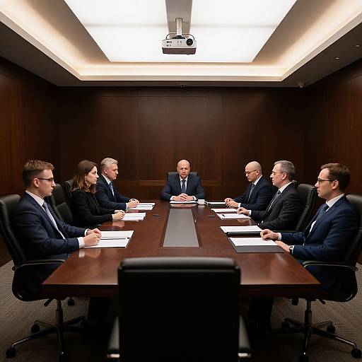 Photograph of seven business professionals in dark suits seated around a wooden conference table in a well-lit, modern boardroom.