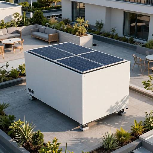Photograph of a modern rooftop patio featuring a white, solar-panel-topped outdoor ping pong table amidst grey stone tiles, greenery, beige sofas,