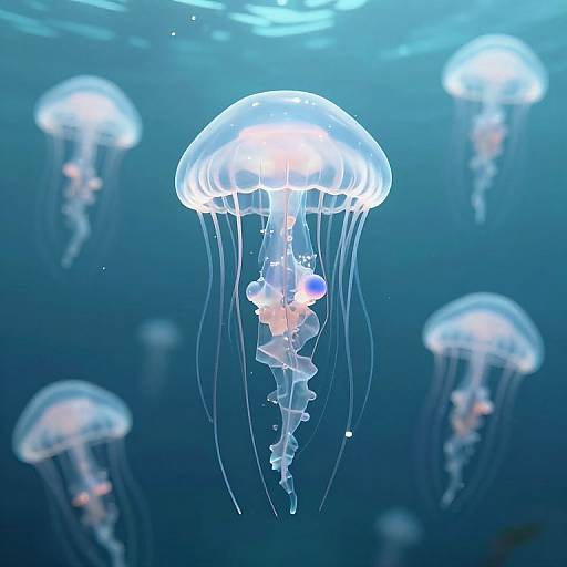 Photograph of glowing, translucent jellyfish with delicate, flowing tentacles floating in a deep blue underwater environment. Multiple jellyfish are visible in the background