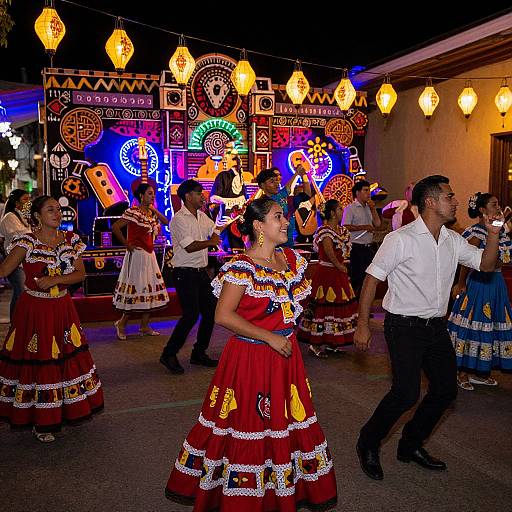 Photograph of a vibrant Mexican dance performance at night, featuring dancers in red and white traditional dresses, illuminated by colorful neon signs and lanterns.