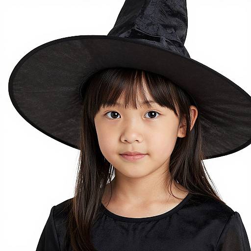 Photograph of an Asian girl with straight black hair and bangs, wearing a large black witch hat and black shirt, against a plain white background.