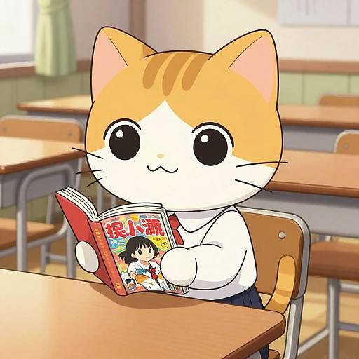 Digital anime-style drawing of a cute, orange-and-white chibi cat with big eyes, wearing a white shirt, reading a colorful manga in a sun