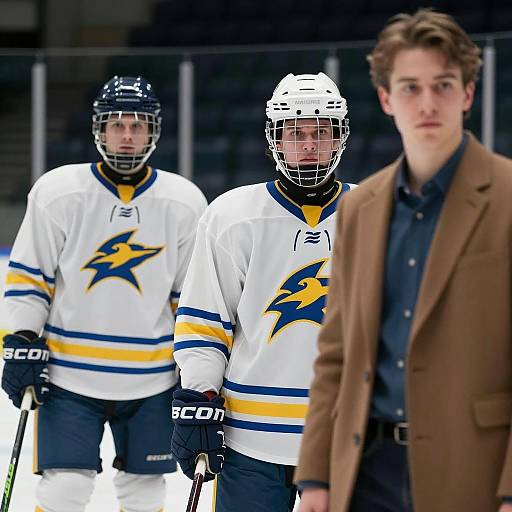 Hockey Players in White Jerseys and Coach