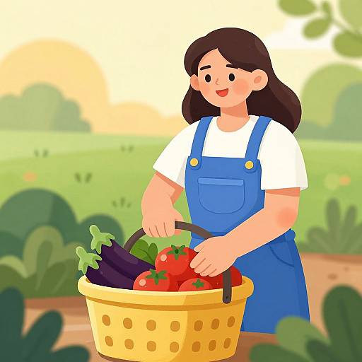 Cartoon-style illustration of a smiling Asian woman with black hair, wearing a white shirt and blue apron, holding a yellow basket with eggplants and