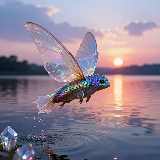 Photograph of a vividly colored, iridescent hummingbird with sparkling wings, mid-flight over a serene lake at sunset. Reflections and spark
