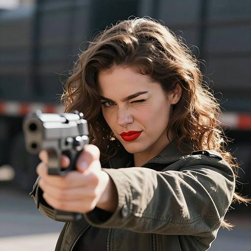 Woman Aiming Silver Handgun Outdoors
