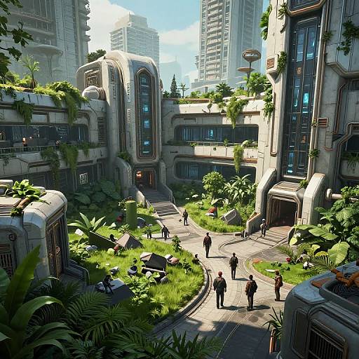 Digital artwork of a futuristic, lush urban courtyard with tall buildings, greenery, people walking, and sunlight filtering through. Modern architecture with intricate designs and