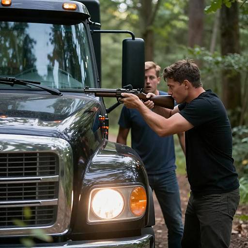 Forest Standoff: Man Aims at Truck