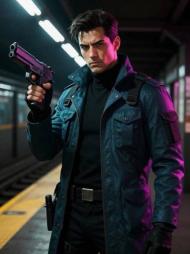 Neon Detective with Futuristic Pistol on Subway Platform