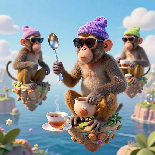 CGI image of three monkeys in sunglasses and beanie hats, floating on doughnut-shaped seats, drinking tea and using spoons, against a bright