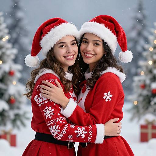 Photograph of two smiling women with long dark hair, wearing red Santa dresses and hats, hugging in a snowy, Christmas tree-filled background.
