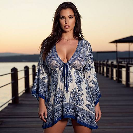 Photograph of a beautiful woman with long dark hair, wearing a blue and white patterned, deep V-neck, loose-fitting dress, standing on