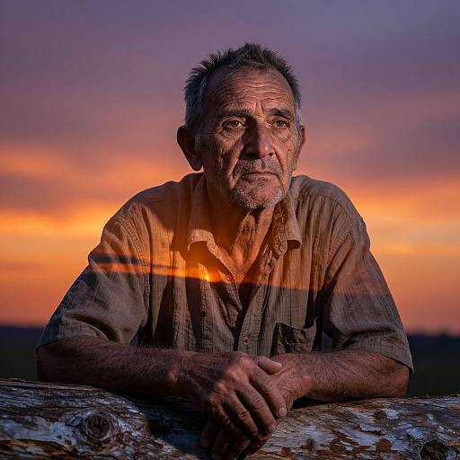 Photograph of an elderly man with graying hair and beard, wearing a worn brown shirt, sitting at sunset with a vibrant orange and purple sky in