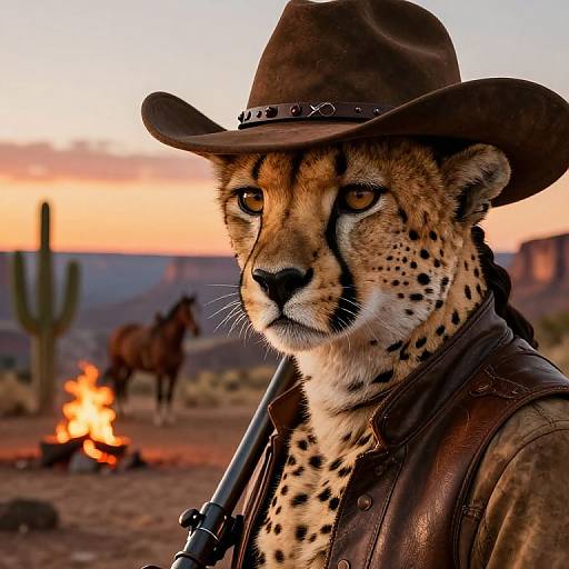 Photorealistic digital art of a cheetah wearing a brown cowboy hat and leather vest, holding a rifle, against a sunset desert backdrop with a