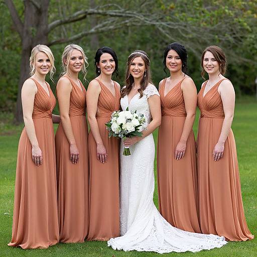 Photograph of six smiling women in an outdoor green park; central bride in white lace gown holds bouquet, five in rust-colored dresses stand beside her.