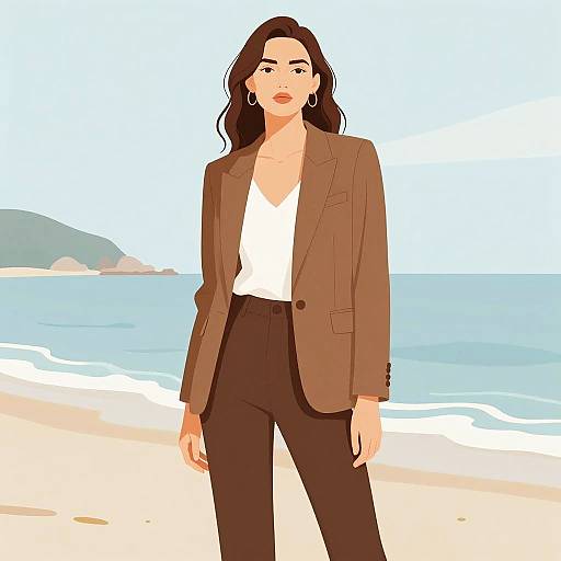 Elegant Woman in Brown Suit on Beach