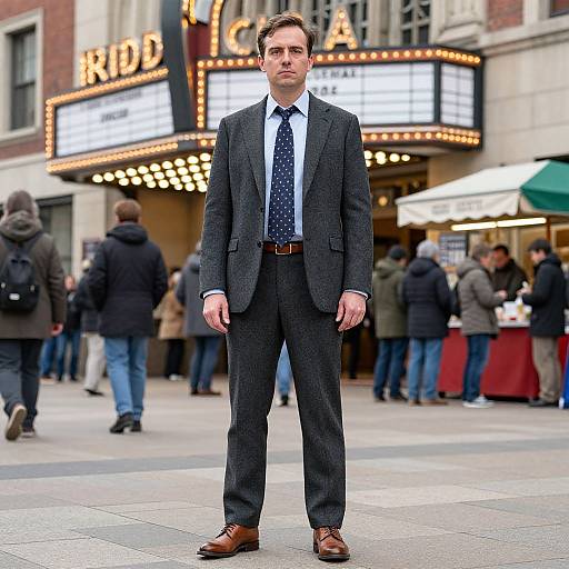 Photograph of a serious, well-dressed white man in a dark gray suit, white shirt, and polka dot tie, standing in a busy