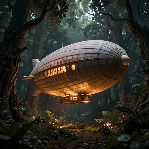Digital art: A glowing, silver airship-like structure with warm lights floats in a dense, misty forest, surrounded by lush greenery.
