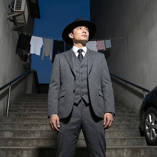 Urban Man in Gray Suit on Staircase