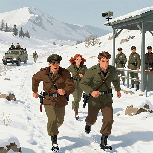 Dynamic Scene of Adventurers in Snow