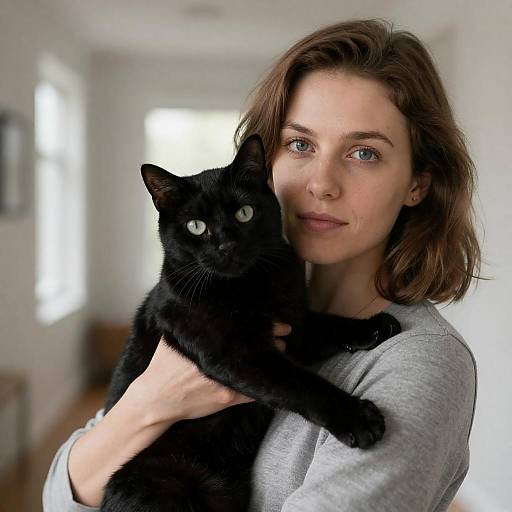 Woman Holding Black Cat in Hallway