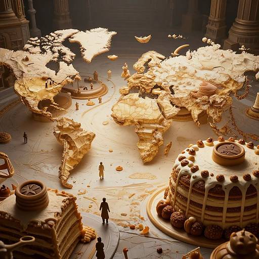 Digital artwork: Golden, fiery world map floats above grand marble hall, surrounded by tiny figures, cakes, and pillars, in warm, glowing light.