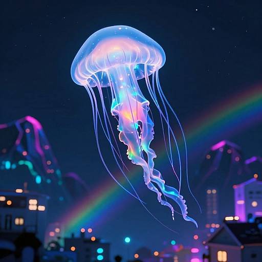 Glowing blue and pink jellyfish floats above neon-lit cityscape with rainbow, illuminated buildings, and dark starry sky in vibrant digital artwork