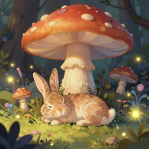 Digital painting of a fluffy brown rabbit sleeping under a giant red-and-white spotted mushroom in a magical forest with glowing fireflies.