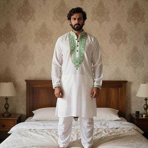 Indian Man in Traditional Kurta Standing on Bed