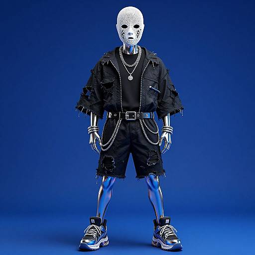 Photograph of a blue-lit, skeletal figure wearing a white mask, black, tattered jacket, shorts, chains, and sneakers, standing against