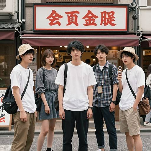 Photograph of five young Asian friends standing outside a Japanese restaurant with a red sign, all wearing white shirts and hats.