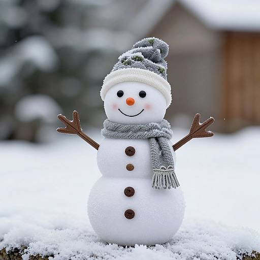 Photograph of a cheerful snowman with a carrot nose, black eyes, smiling mouth, gray scarf, matching hat, and brown buttons, standing on