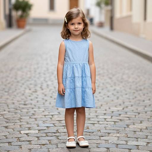 Photograph of a young girl with light brown hair, wearing a light blue sleeveless dress and white shoes, standing on a cobblestone street in